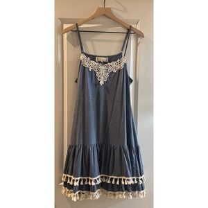 A'Reve Blue Boho Tassel Hem Swing Dress Large Lace Neck Sleeveless Beachy